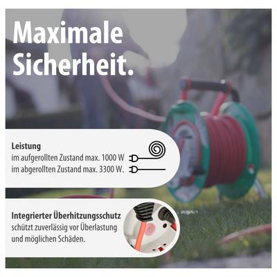 Werbeplakat für ein Kabeltrommelprodukt mit der Überschrift 'Maximale Sicherheit.'; nennt Leistung max. 1000 W aufgerollt und 3300 W abgerollt sowie integrierten Überhitzungsschutz.