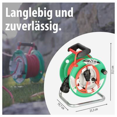 Werbeplakat für ein 25-m-Kabeltrommelgerät mit Slogan 'Langlebig und zuverlässig.', Produktfoto und Maßangaben 19,7 cm, 25,3 cm, 33,5 cm.