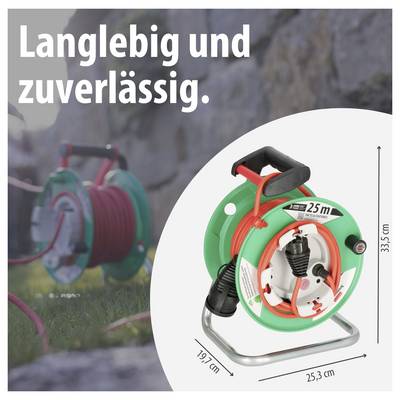 Werbeabbildung eines grünen Kabelaufrollers mit 25 m Kabel; Text 'Langlebig und zuverlässig.', Maße 33,5 x 25,3 x 19,7 cm.
