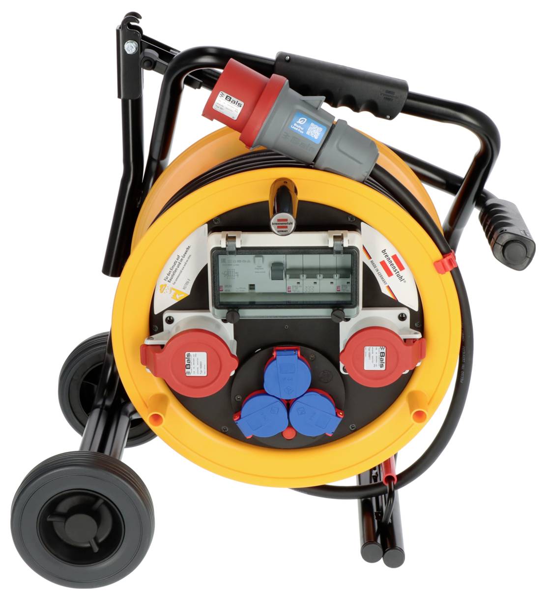 Ein mobiler, gelber Kabeltrommelwagen mit verschiedenen Steckdosen und einem Stromzähler auf der Vorderseite. Geeignet für Baustellen.