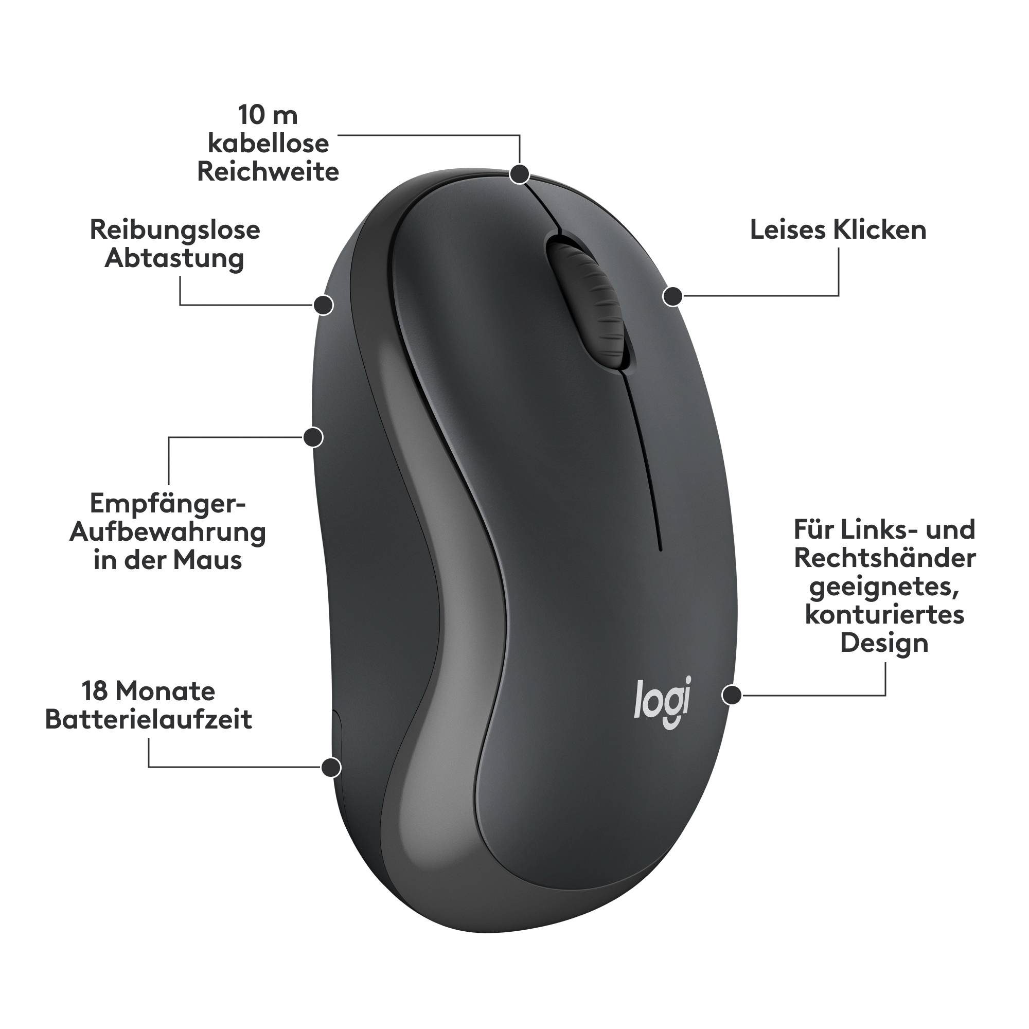 Kabellose Maus mit ergonomischem Design, geeignet für Links- und Rechtshänder, leises Klicken, 18 Monate Batterielaufzeit.