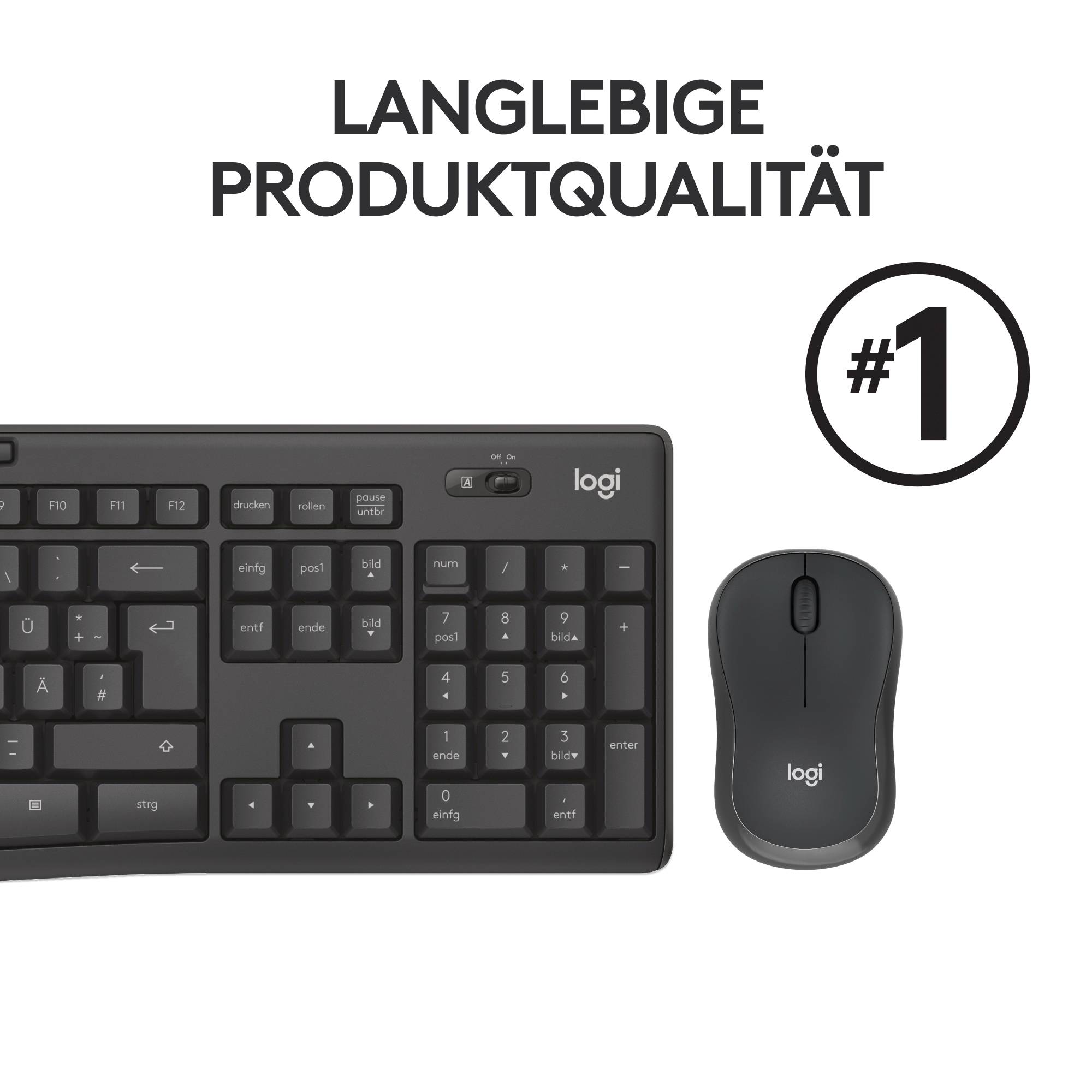 Eine schwarze Logitech-Tastatur mit Maus. Darüber steht 'Langlebige Produktqualität' und ein Kreis mit der Nummer 1.