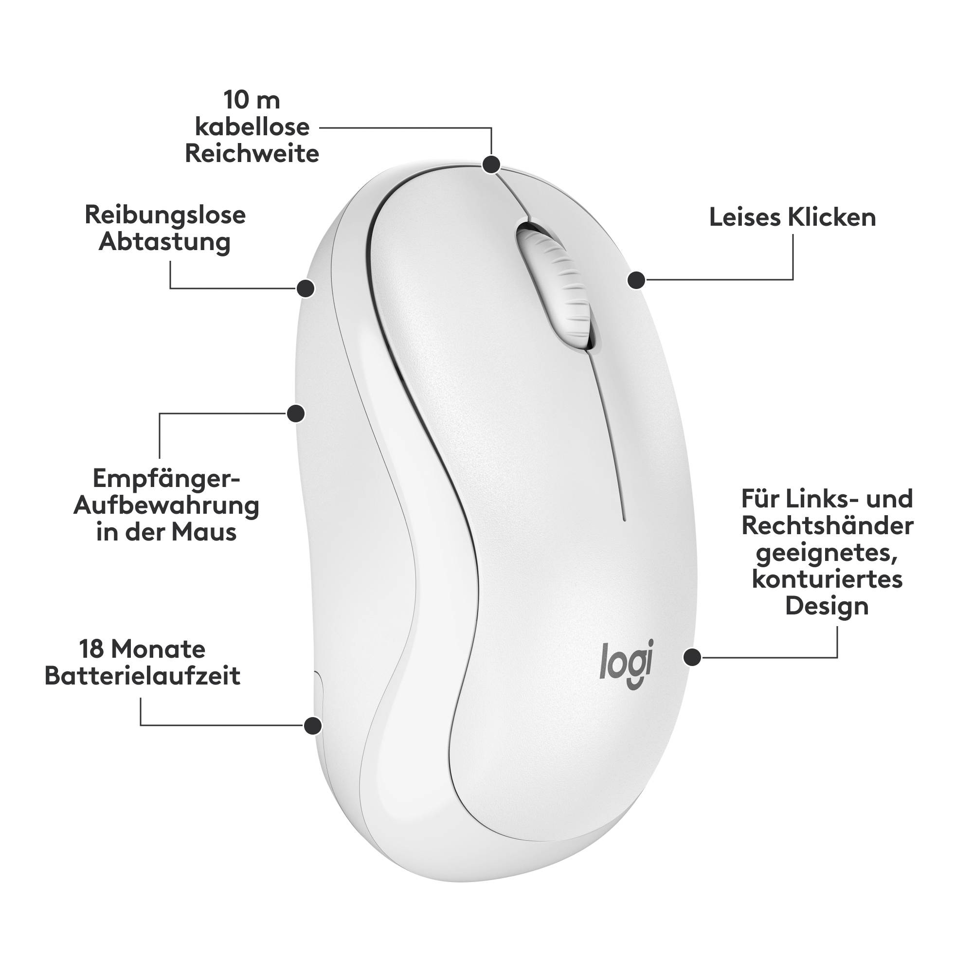 Eine weiße kabellose Computermaus mit leisen Klicks, für Links- und Rechtshänder. Reichweite 10m, batteriebetrieben, 18 Monate Laufzeit.