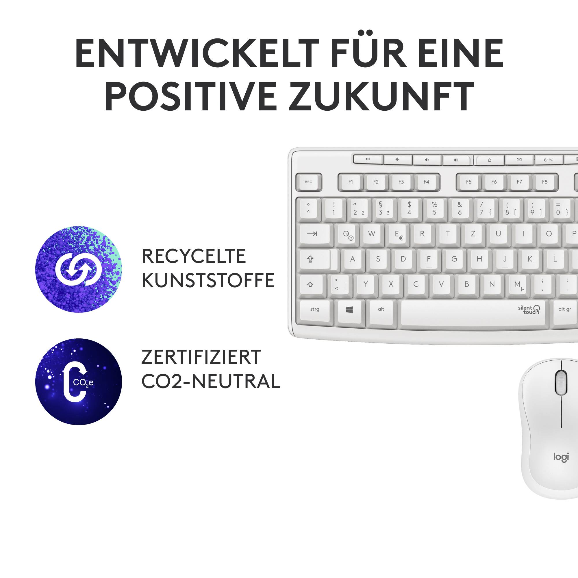Eine Tastatur und Maus von Logitech. Links Symbole: 'Recycelte Kunststoffe' und 'Zertifiziert CO2-neutral'. Oben Text: 'Entwickelt für eine positive Zukunft'.