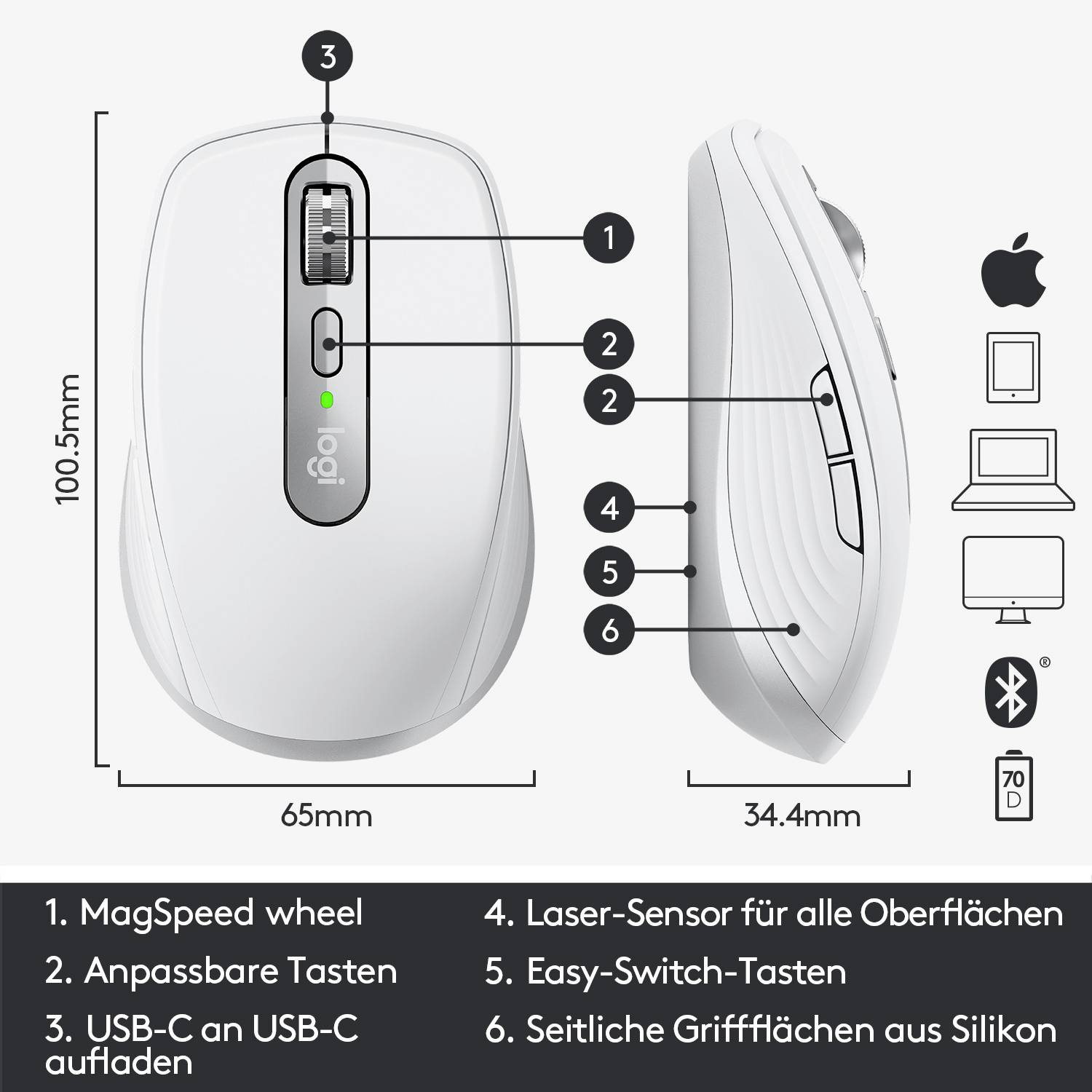 Logitech MX Anywhere 3 Mac Maus Bluetooth® Laser Hellgrau 6 Tasten 1000 dpi Wiederaufladbar-10