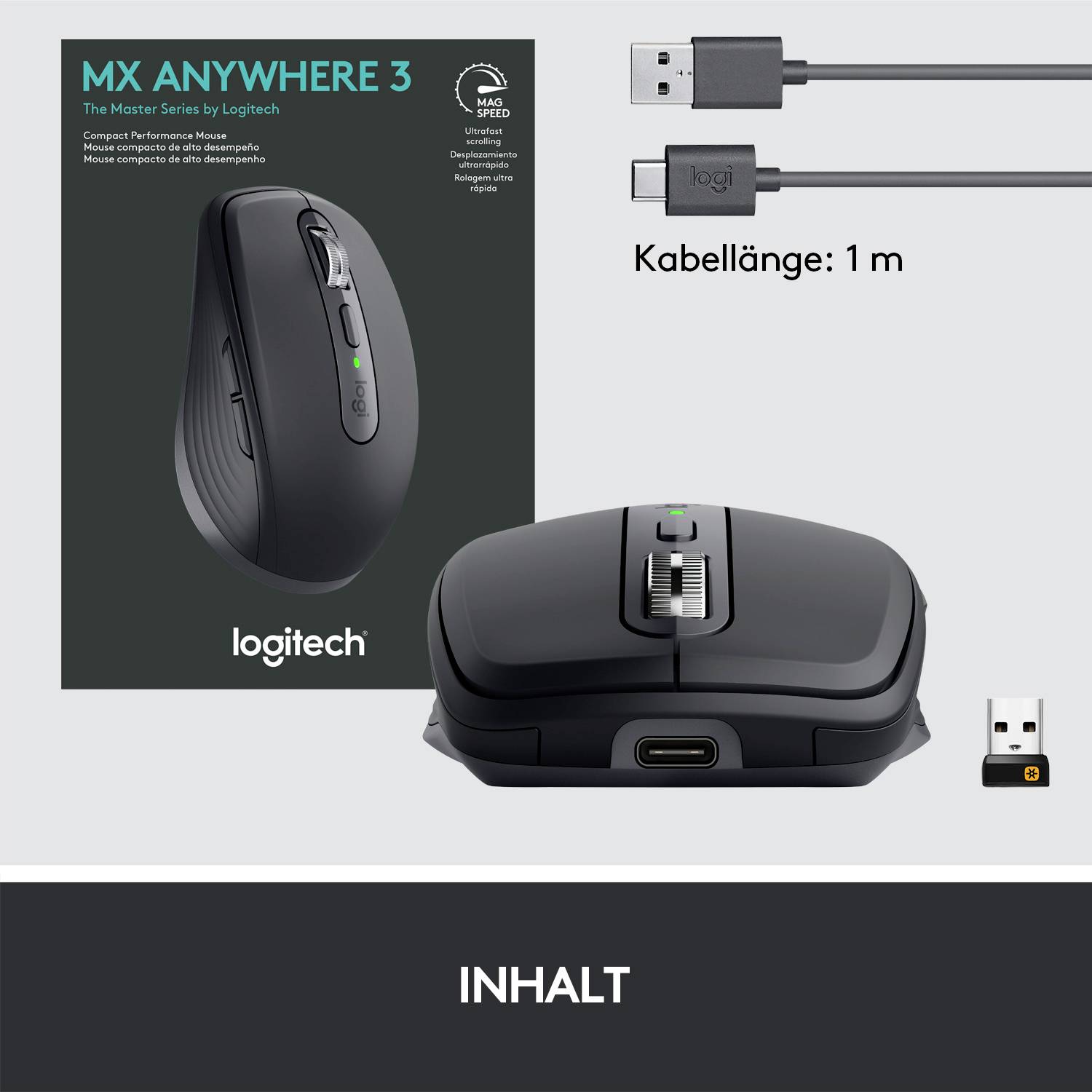 'Inhalt': Bild zeigt Logitech-Maus mit USB-Empfänger, Batterien und Kabel. Hauptmerkmal ist die seitliche Ansicht der schwarzen Maus.