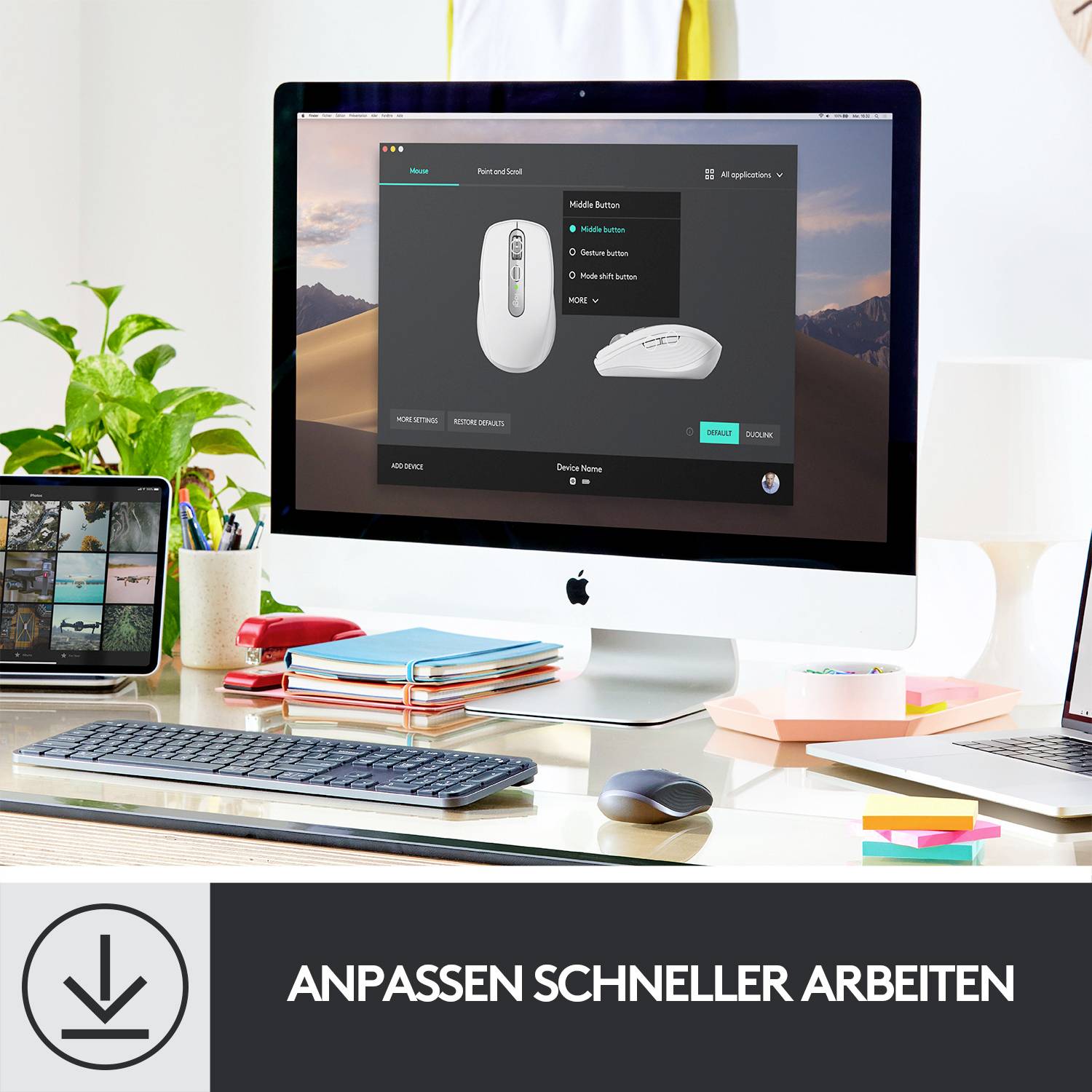 Arbeitsplatz mit iMac, auf dem ein Software-Fenster geöffnet ist. Darunter Text 'Anpassen schneller arbeiten'. Moderne, aufgeräumte Umgebung.