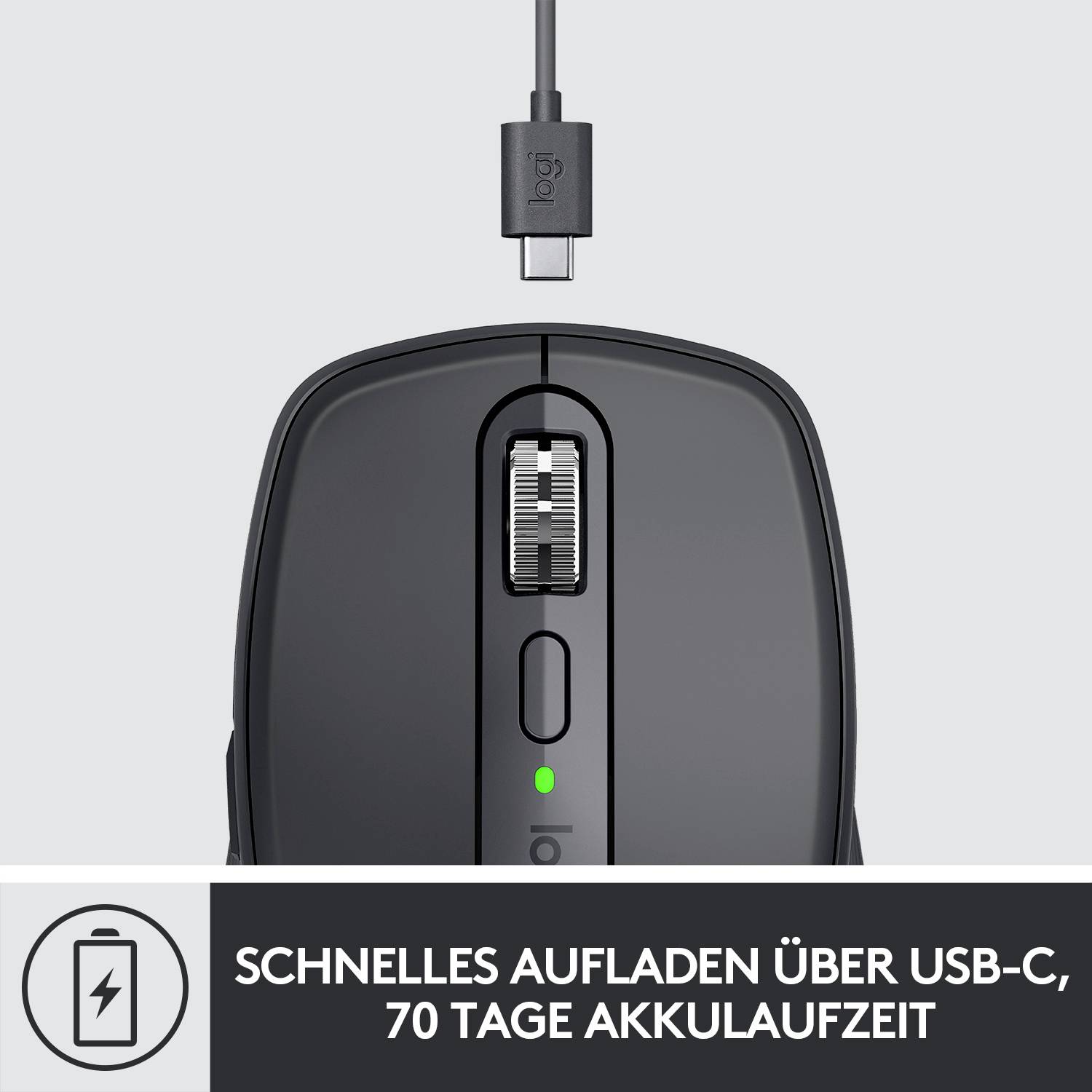 Kabellose Maus mit USB-C-Kabel zum Aufladen, grüne Statusanzeige. Text darunter: 'Schnelles Aufladen über USB-C, 70 Tage Akkulaufzeit'.