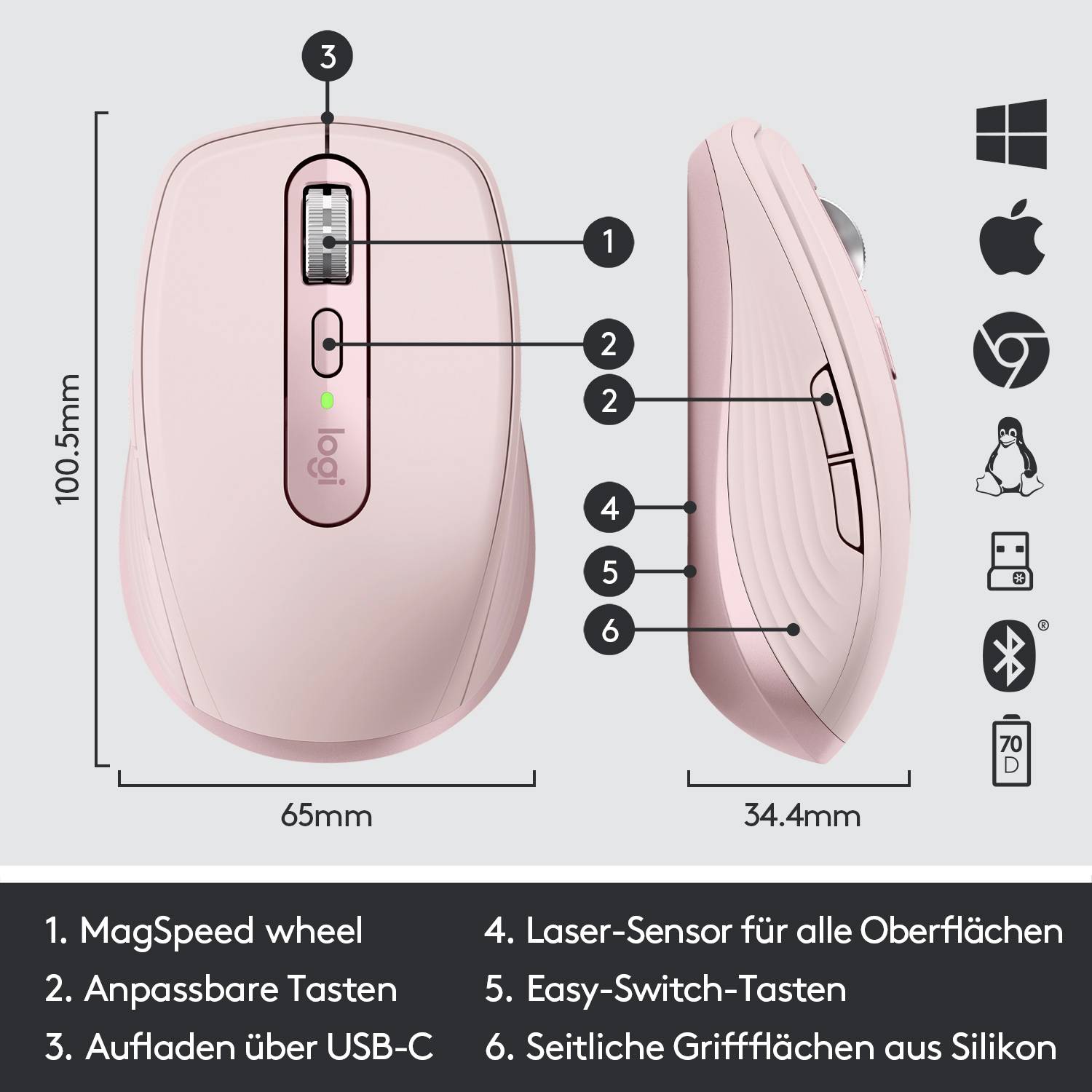 Logitech MX Anywhere 3 - Maus - Laser - 6 Tasten - kabellos - 2.4 GHz, Bluetooth - kabelloser Empfän-9