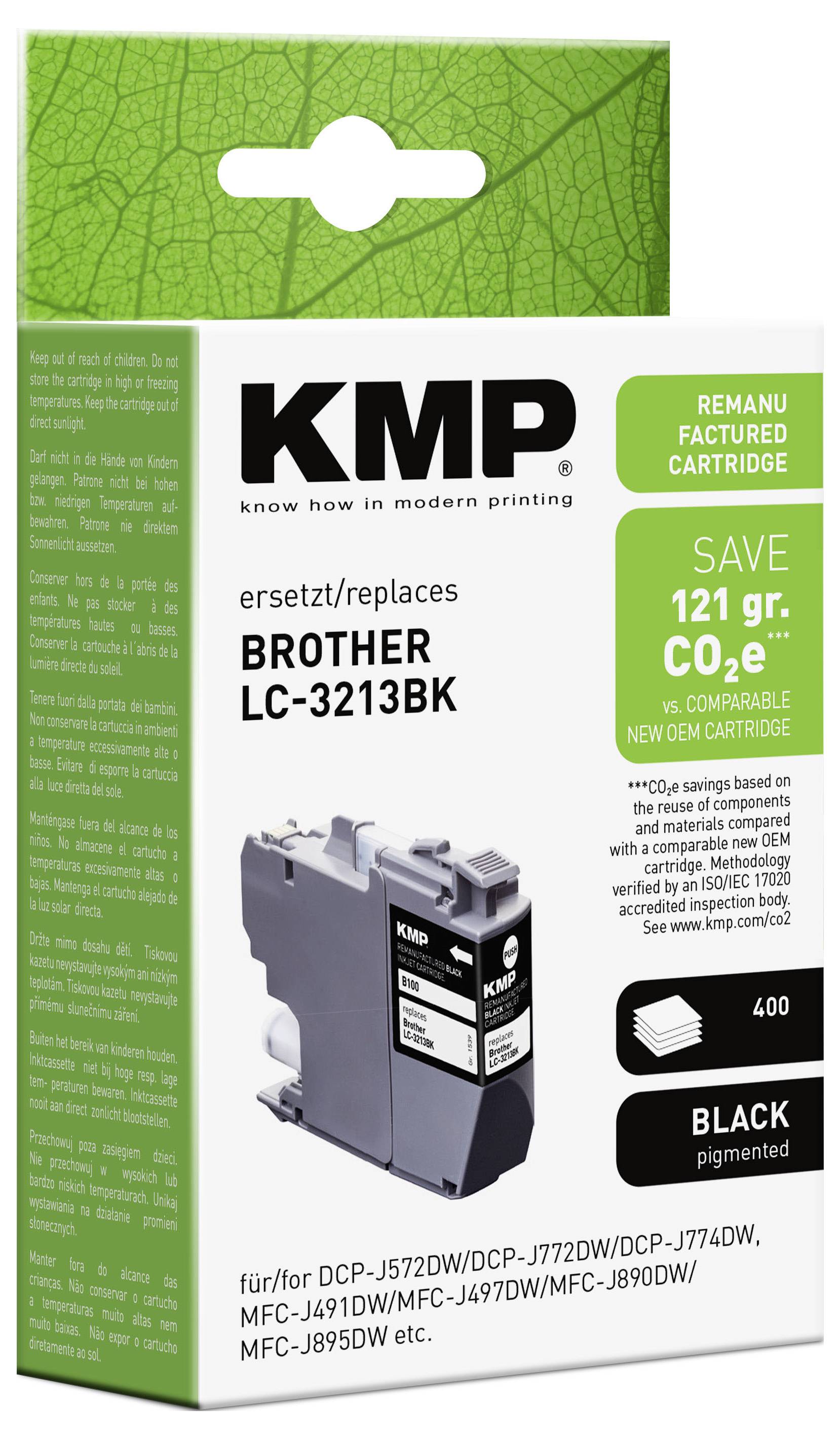 KMP wiederaufbereitete schwarze Tintenpatronenschachtel für Brother LC-3213BK, zeigt ein Patronenabbild, 121 g CO2e-Einsparungen und Kompatibilität mit Brother-Druckern.