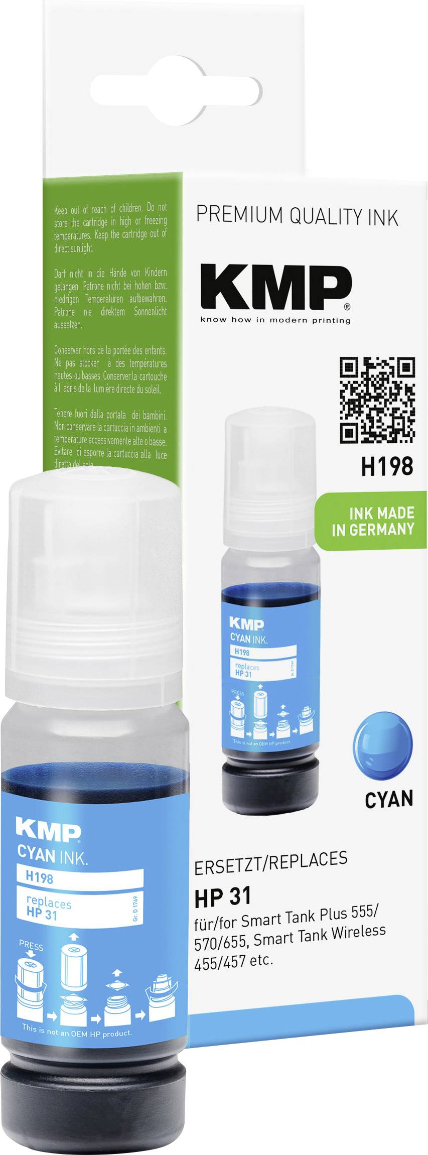 KMP Nachfülltinte ersetzt HP 31, 1VU26AE Kompatibel Cyan 70 ml H198 1769,0003