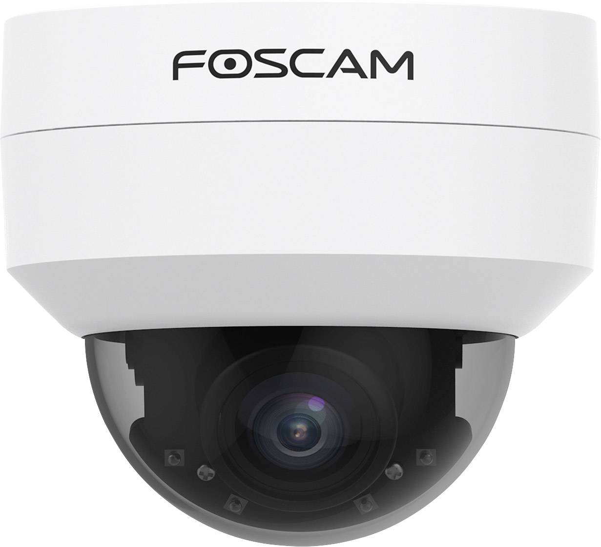 Kuppelüberwachungskamera mit Logo 'Foscam' auf der Oberseite. Die Kamera ist weiß und hat eine schwarze Abdeckung um die Linse.