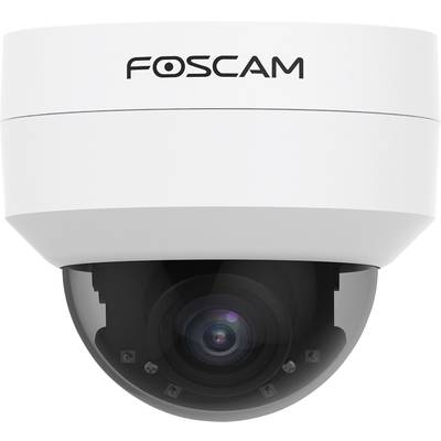 Kuppelüberwachungskamera mit Logo 'Foscam' auf der Oberseite. Die Kamera ist weiß und hat eine schwarze Abdeckung um die Linse.