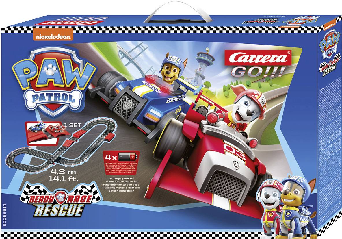 Spielzeug-Verpackung: Carrera GO!!! Rennbahn mit 'PAW Patrol'-Design. Enthält Fahrzeuge und Streckenteile. Abgebildet sind zwei Hunde im Rennwagen.