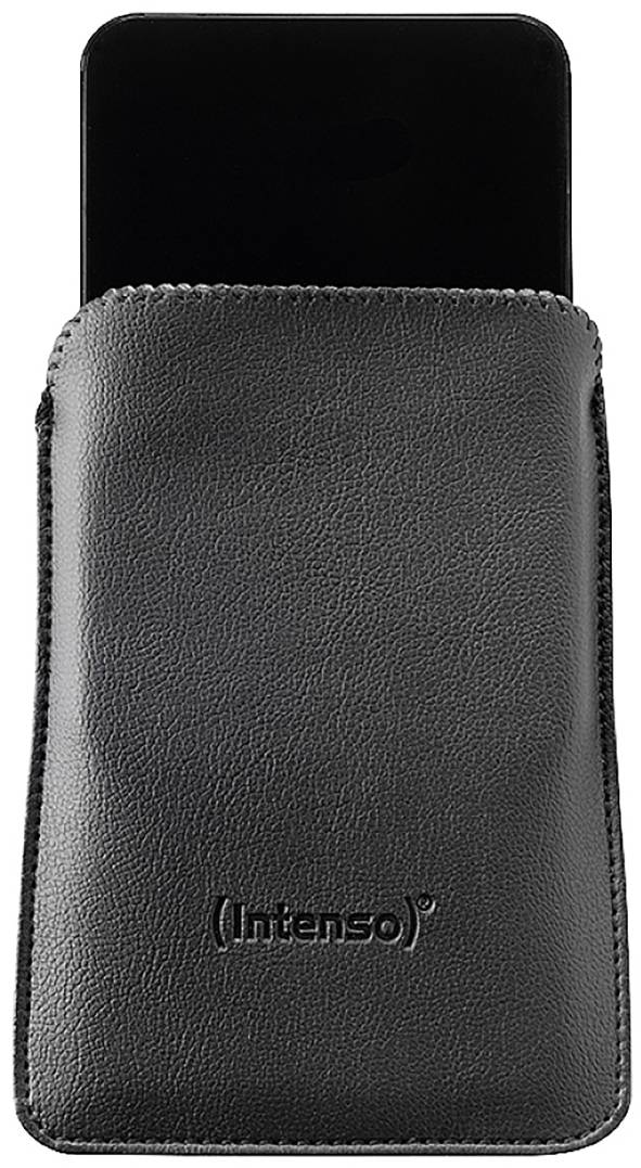 Eine schwarze Lederhülle mit einem darin befindlichen Smartphone, auf der die Marke 'Intenso' eingeprägt ist.