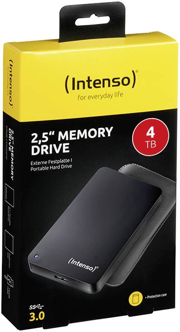 Externe 2,5-Zoll-Festplatte von Intenso mit 4 TB Speicher. USB 3.0. Verpackung zeigt das Laufwerk und betont Speicherkapazität.