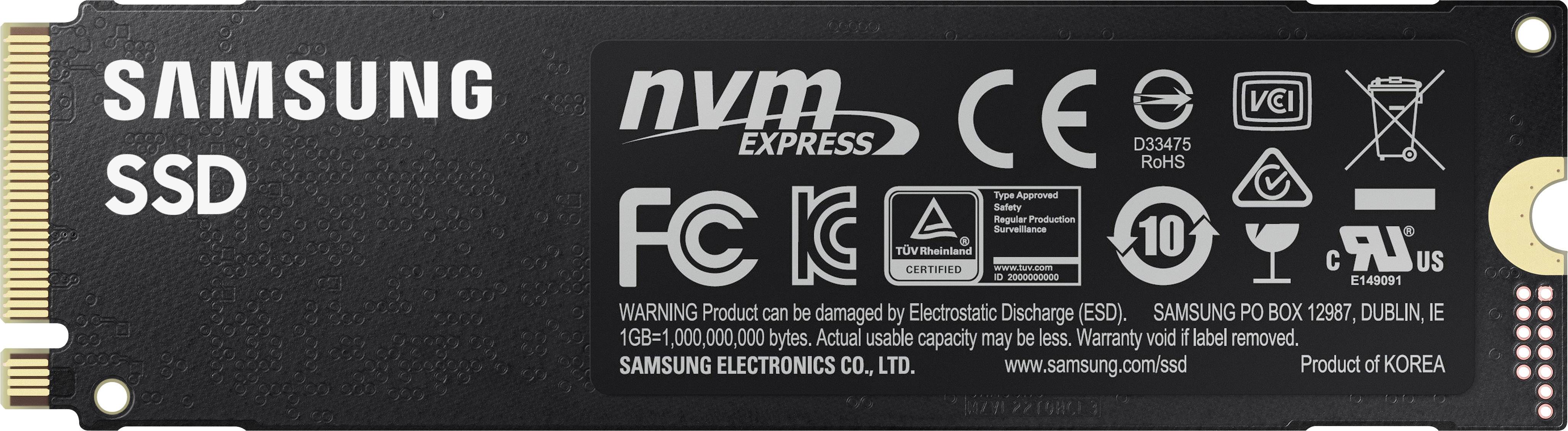 'SSD-Platte mit Samsung-Logo, 1 TB Kapazität. Enthält Symbole für CE-, FCC- und VCI-Zertifizierungen sowie weitere technische Spezifikationen.'