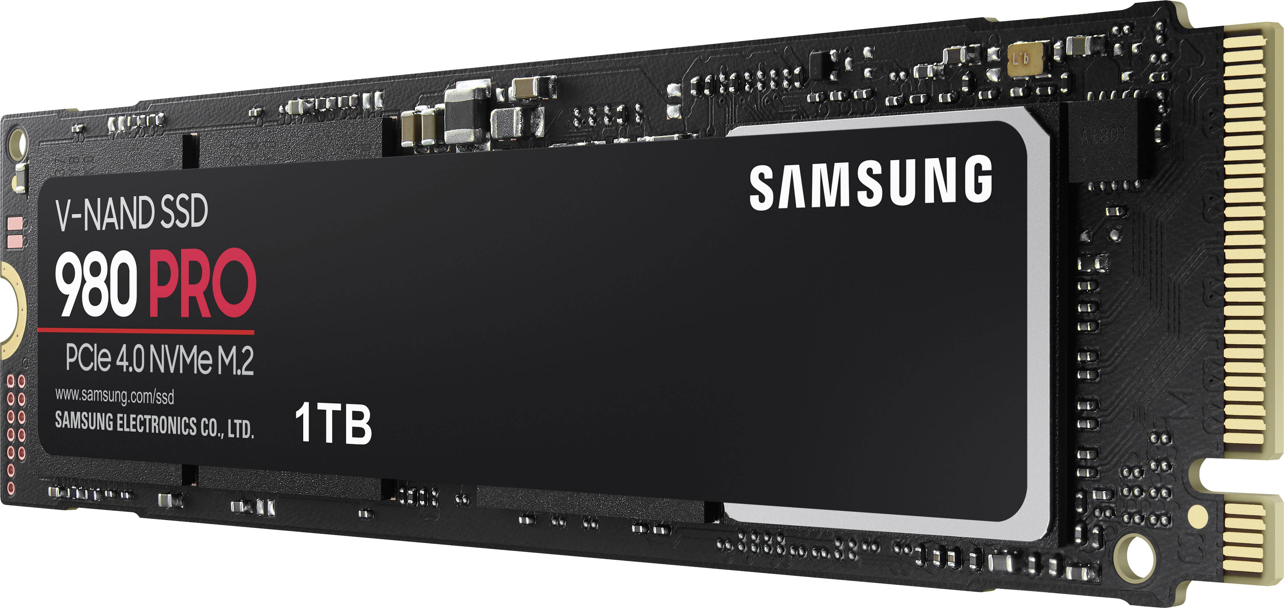 Festplattenlaufwerk 'Samsung 980 PRO 1TB'. PCIe 4.0 NVMe M.2 Format. Schwarzes Gehäuse mit technischen Komponenten sichtbar.