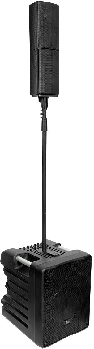Ein tragbares Lautsprechersystem mit einem Subwoofer unten und einer säulenartigen Lautsprecheranordnung oben. Ideal für Live-Auftritte.