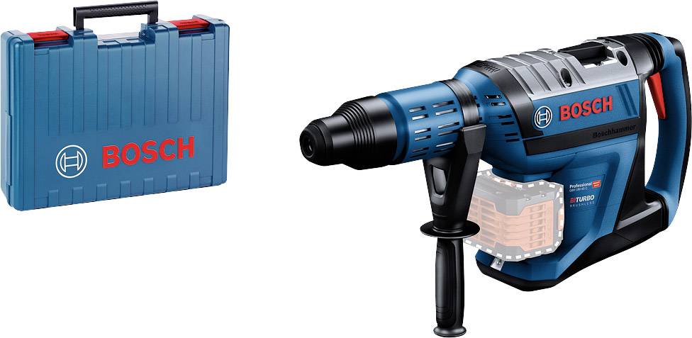 Bohrhammer und passender Koffer von Bosch, blau mit roten Akzenten. Der Bohrhammer ist robust, für schwere Arbeiten geeignet.