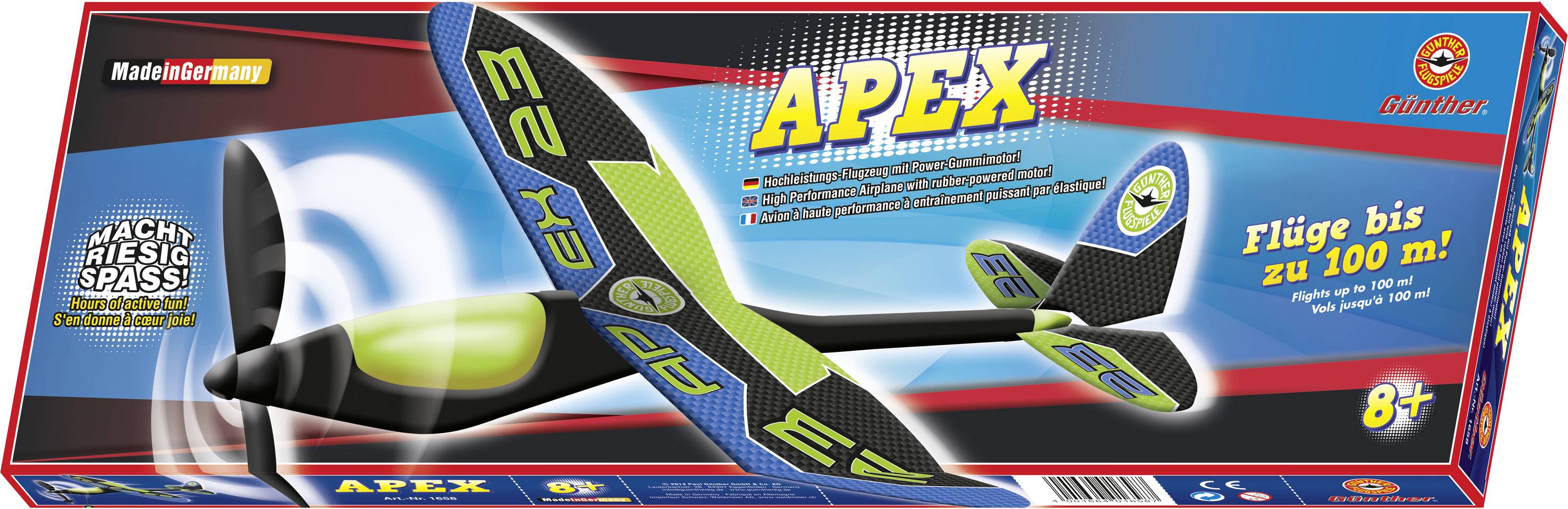 Verpackung eines Modellflugzeugs namens 'APEX' für Kinder ab 8 Jahren. Verspricht Flüge bis zu 100 m. Enthält bunte Grafiken und Schriftzüge.