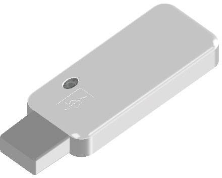 Ein grauer USB-Stick mit einem USB-Symbol darauf; rechteckig, leicht abgerundete Kanten, kompakt und tragbar.