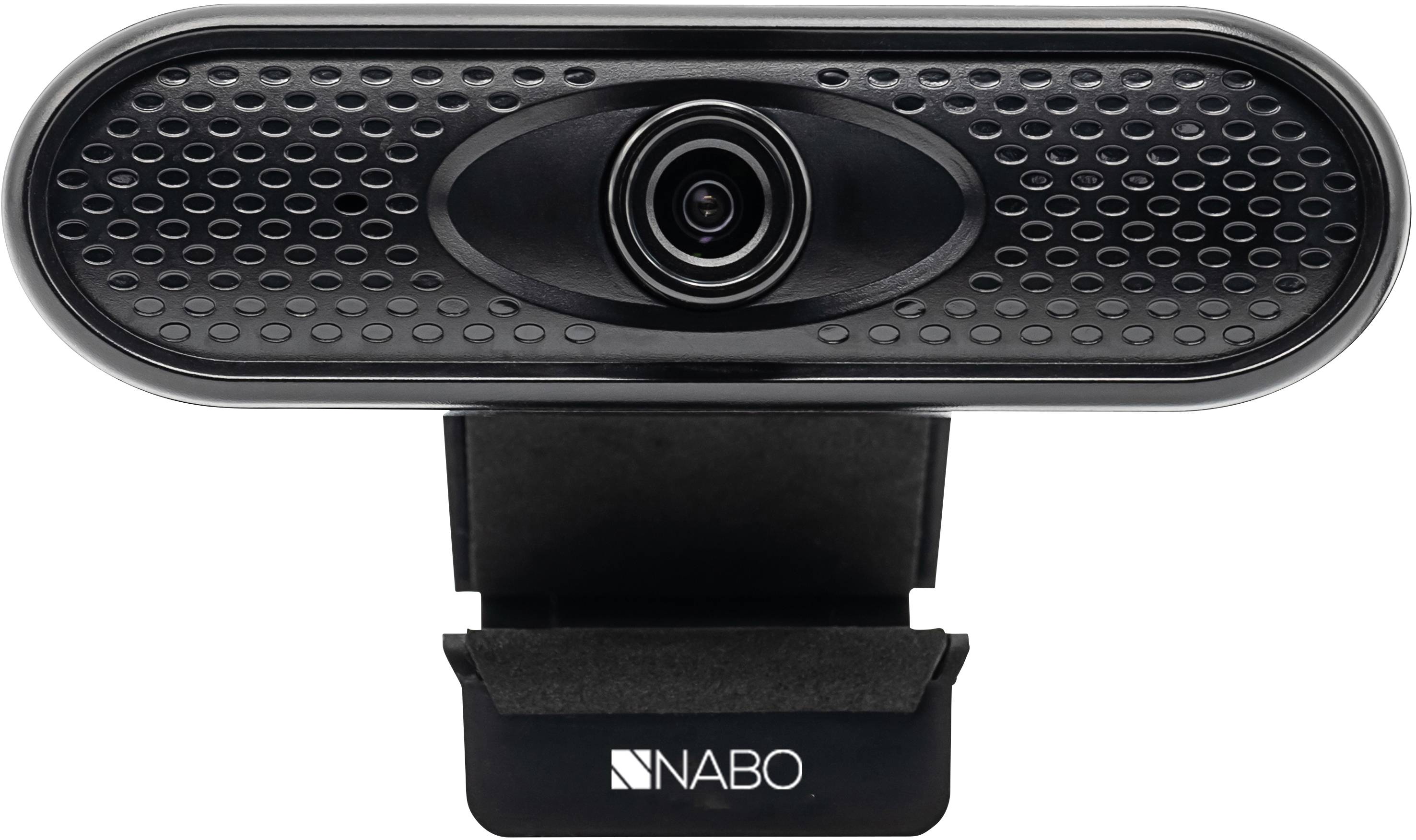 Schwarze Webcam mit ovalem Design und Kameralinse in der Mitte, auf einem Ständer mit der Aufschrift 'NABO'.