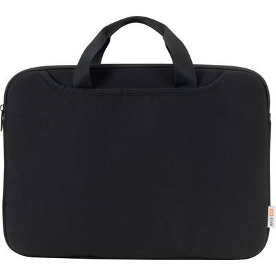 Schwarze Laptop-Tasche mit Griffen, rechteckige Form, glatte Textur.