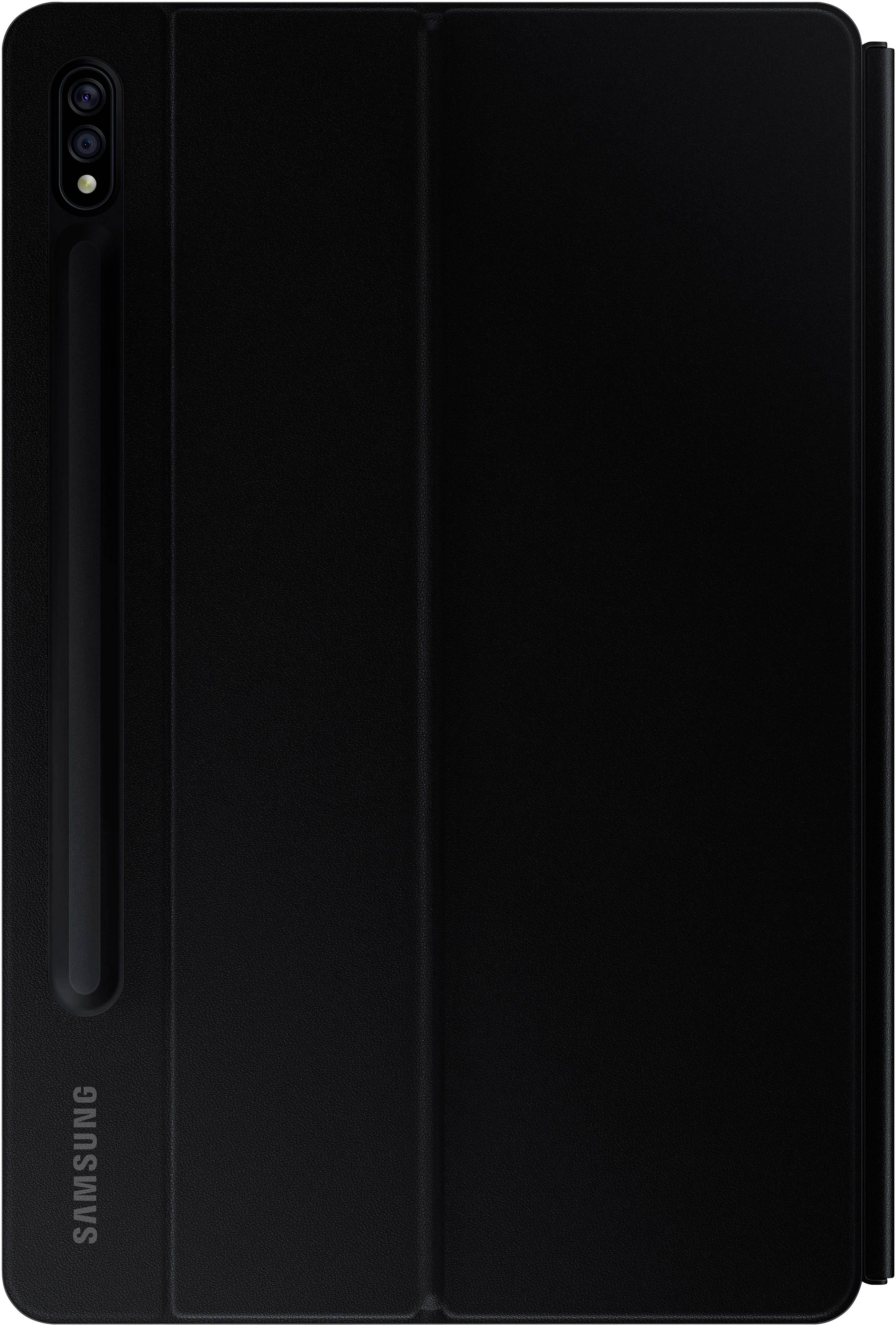 Schwarzes Schutzhülle für ein Tablet, zeigt die Rückseite mit Kamerabereich und Samsung-Logo unten links.