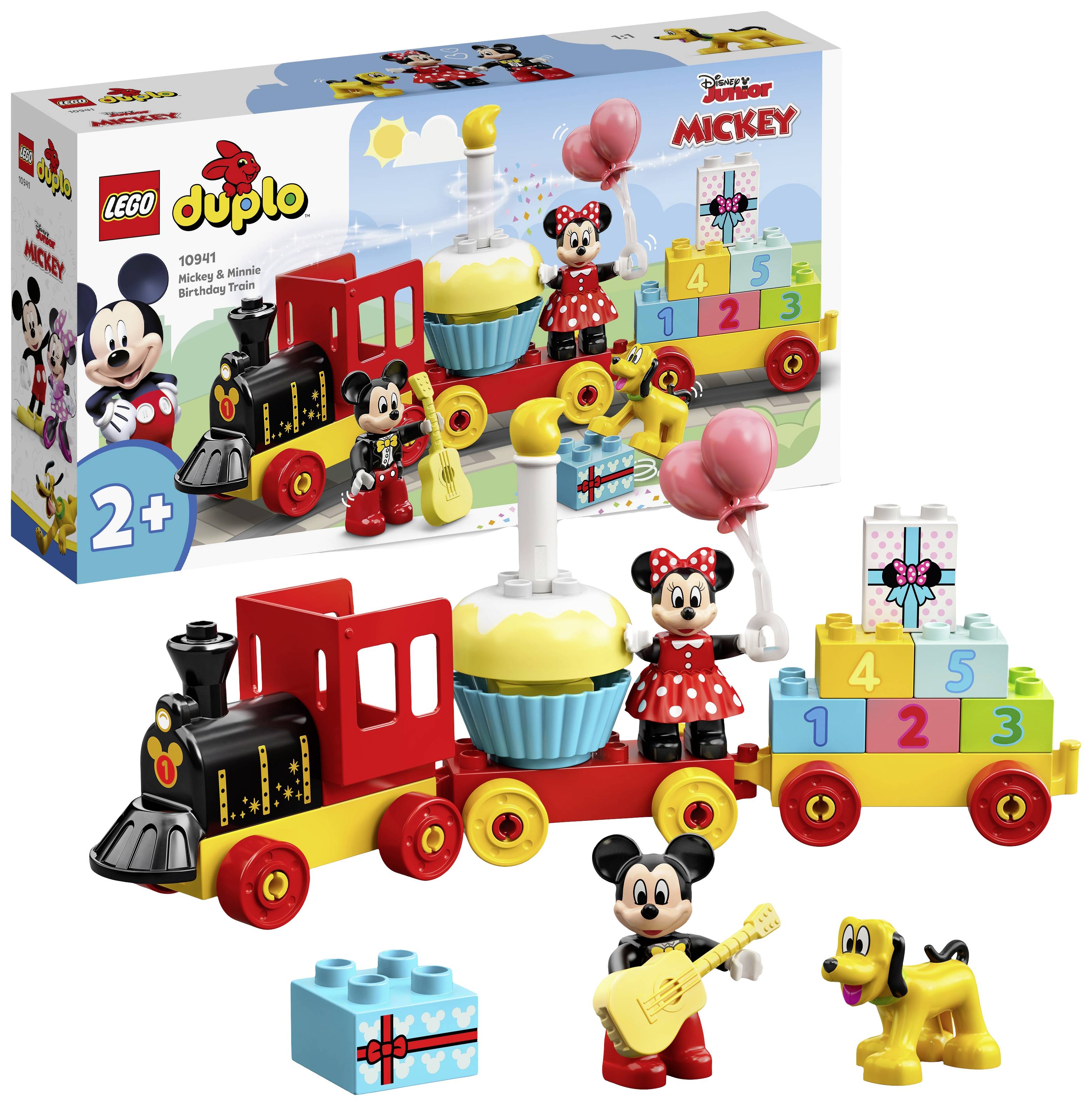 Ein LEGO DUPLO Set mit Mickey, Minnie, einer gelben Dampflokomotive, einem Waggon mit Kuchen und Zahlenbausteinen, geeignet ab 2 Jahren.