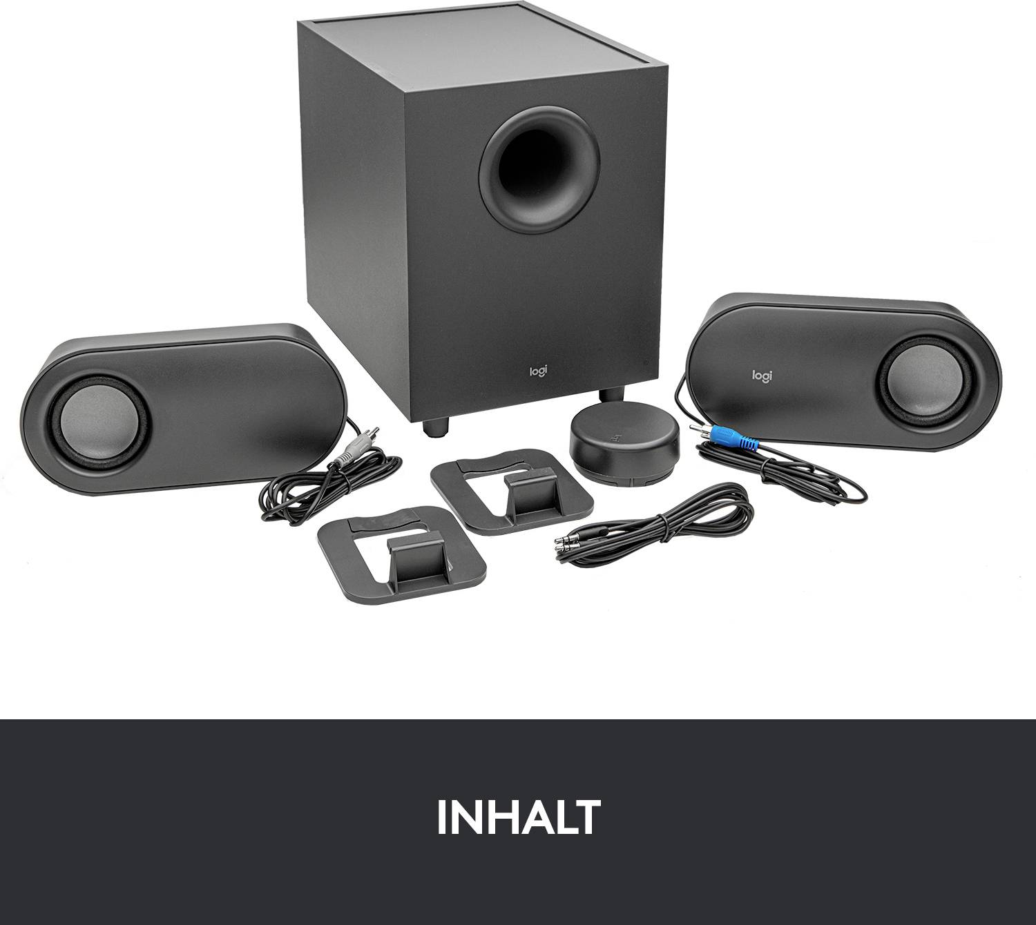 Lautsprechersystem mit Subwoofer, zwei Lautsprechern und Zubehörkabeln. Beschriftung unten: 'INHALT'.