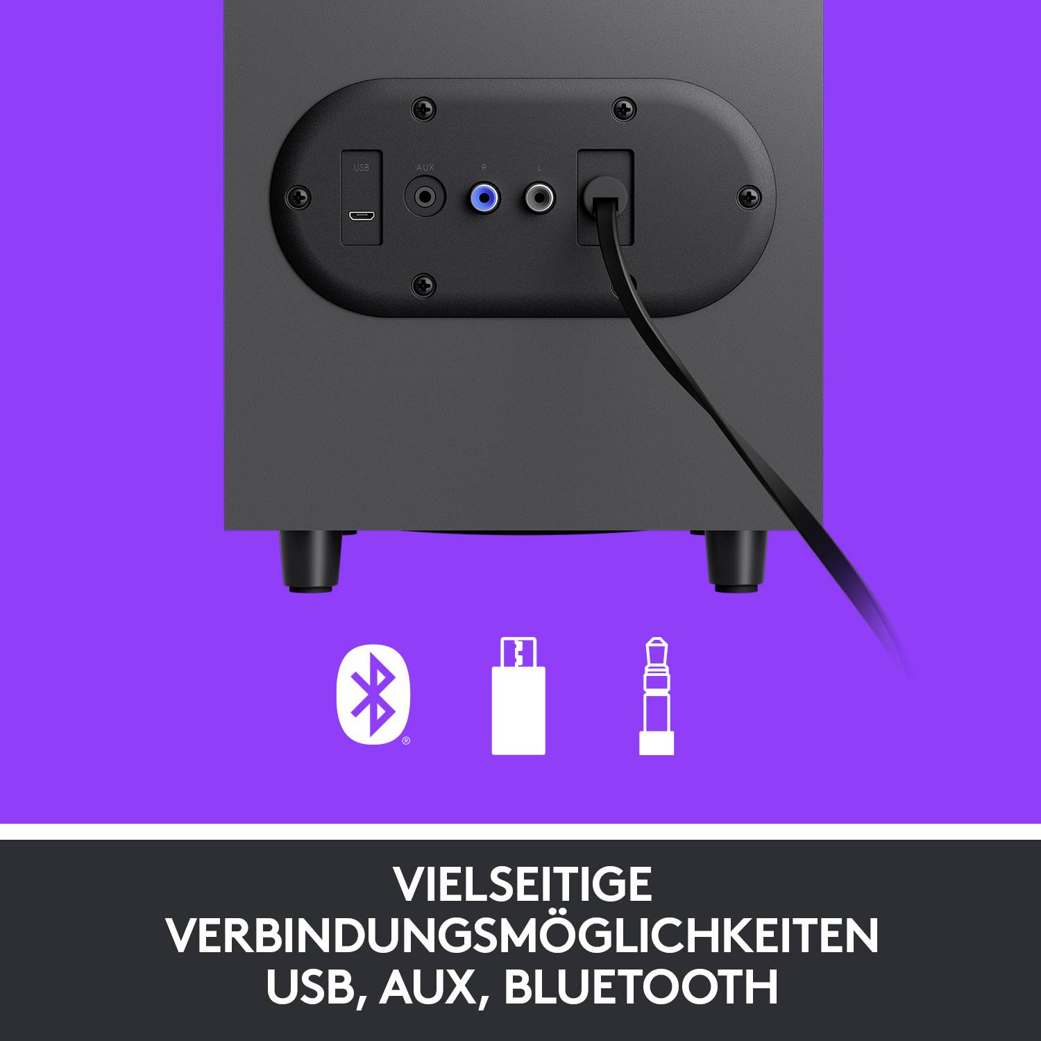 Die Rückseite eines Lautsprechers mit Anschlüssen für USB, AUX und Bluetooth. Text: 'Vielseitige Verbindungsmöglichkeiten USB, AUX, Bluetooth'.