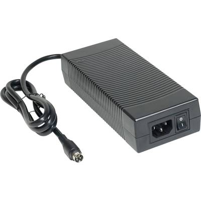 Schwarzes externes Netzteil mit Netzkabel und Schalter, oft für elektronische Geräte verwendet.
