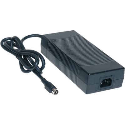 'Netzteil mit Kabel und Stecker für elektronische Geräte, rechteckige schwarze Form mit geriffelter Oberfläche.'