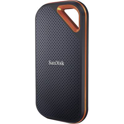 Externe SSD-Festplatte von SanDisk mit schwarzem, perforiertem Gehäuse und orangefarbenem Rand, geeignet für Datenspeicherung.