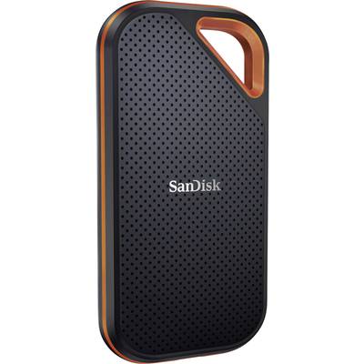 Externer SanDisk-Speicher; rechteckig mit abgerundeten Ecken, schwarze Oberfläche mit Lochmuster, orangefarbener Akzent.