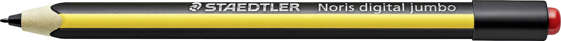 Ein gelb-schwarzer digitaler Stift mit der Aufschrift 'STAEDTLER Noris digital jumbo', roter Kappe hinten. 