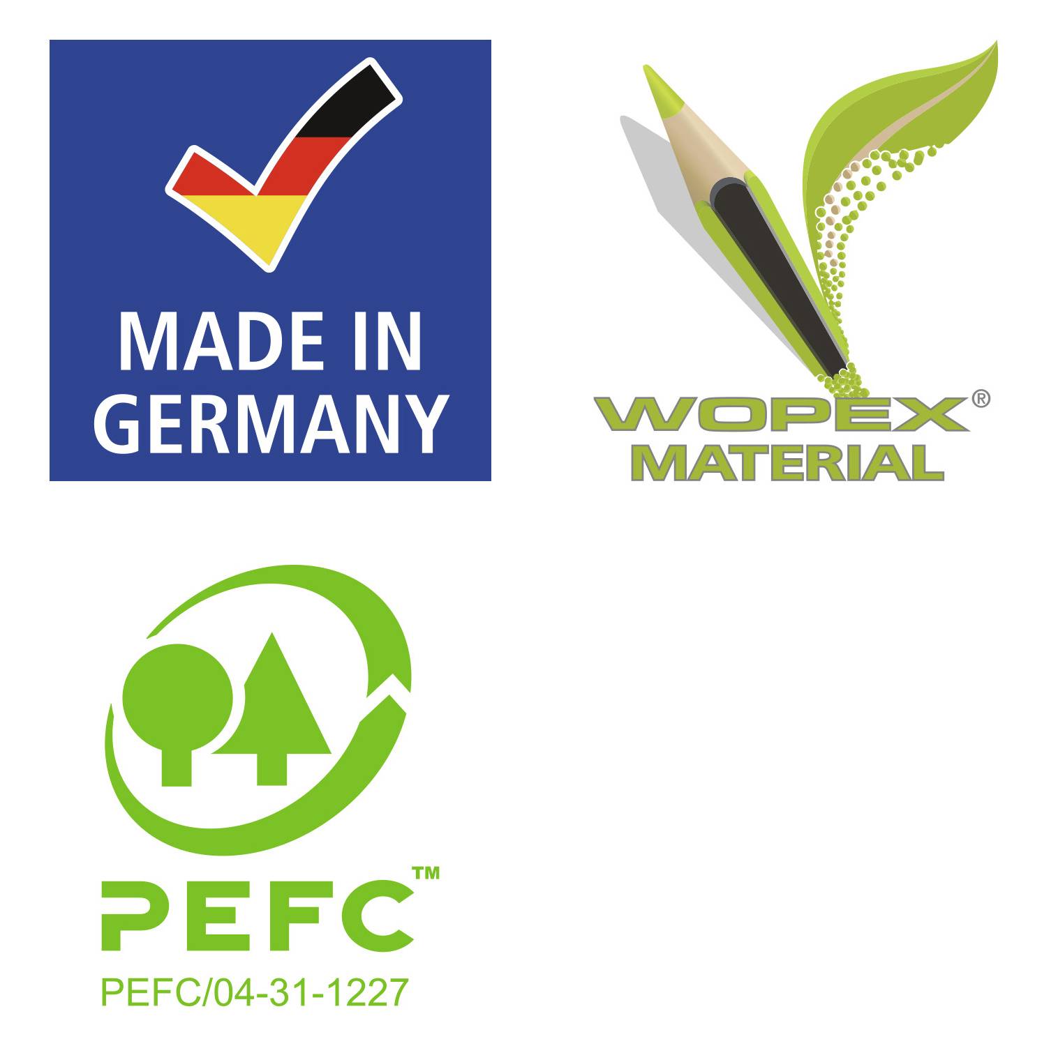 'Drei Logos: Made in Germany, WOPEX MATERIAL mit Blattstift, und PEFC-Zertifizierungsmal mit Baum- und Pfeilmotiv.'