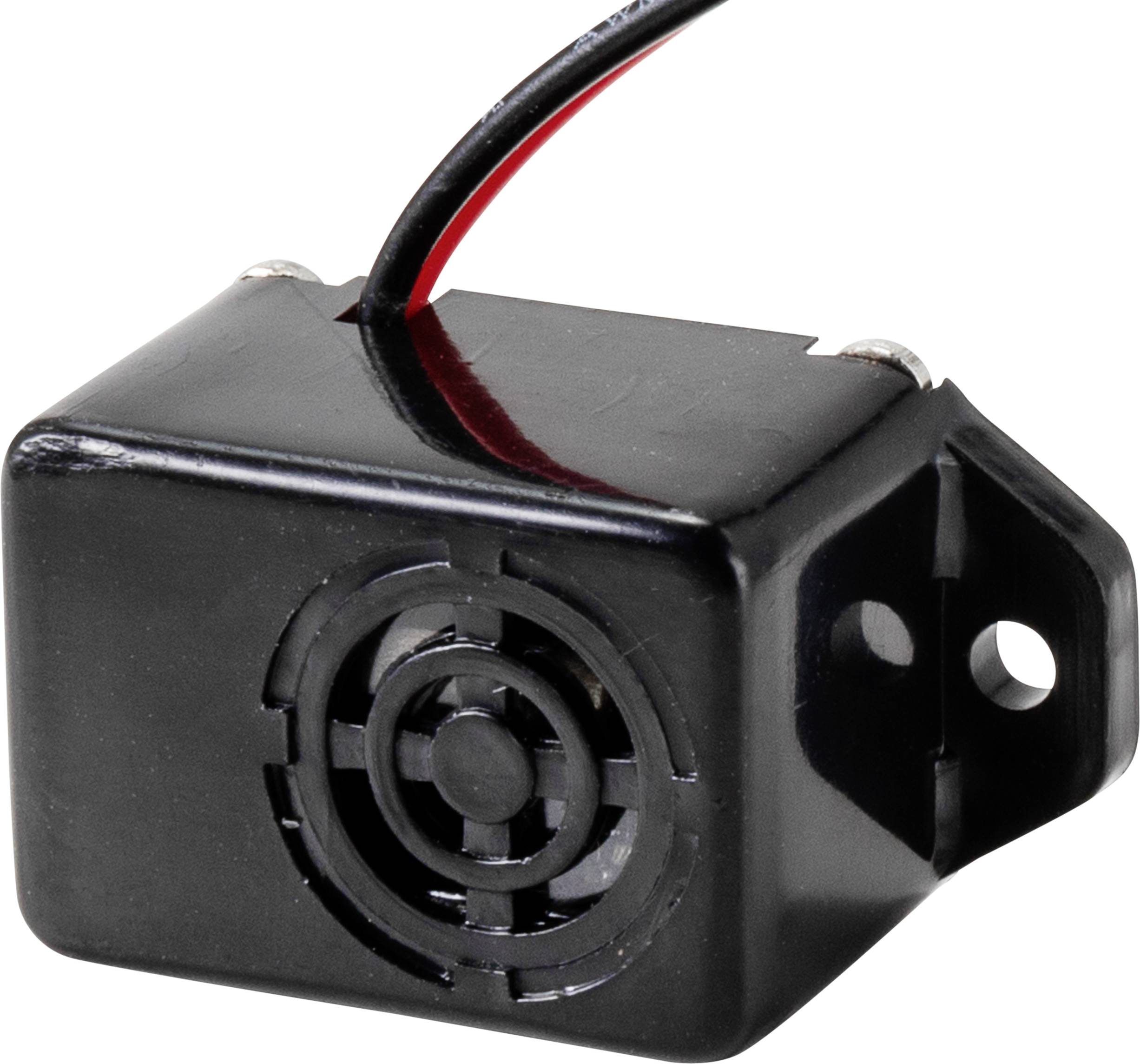 Schwarzer Mini-Lautsprecher mit roten und schwarzen Kabeln, geeignet für elektronische Projekte oder kleine Geräte.