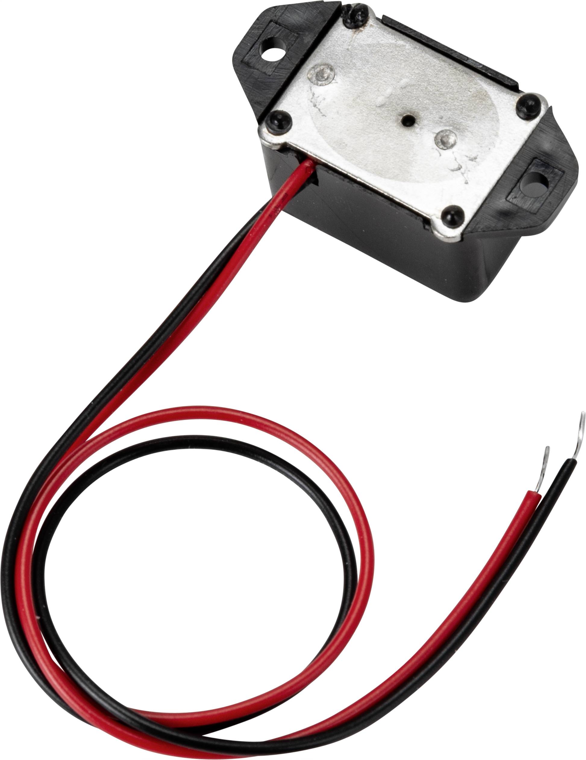 Ein Piezo-Summer mit zwei herausragenden Drähten, schwarz und rot. Es dient zur Erzeugung von akustischen Signalen in elektronischen Geräten.