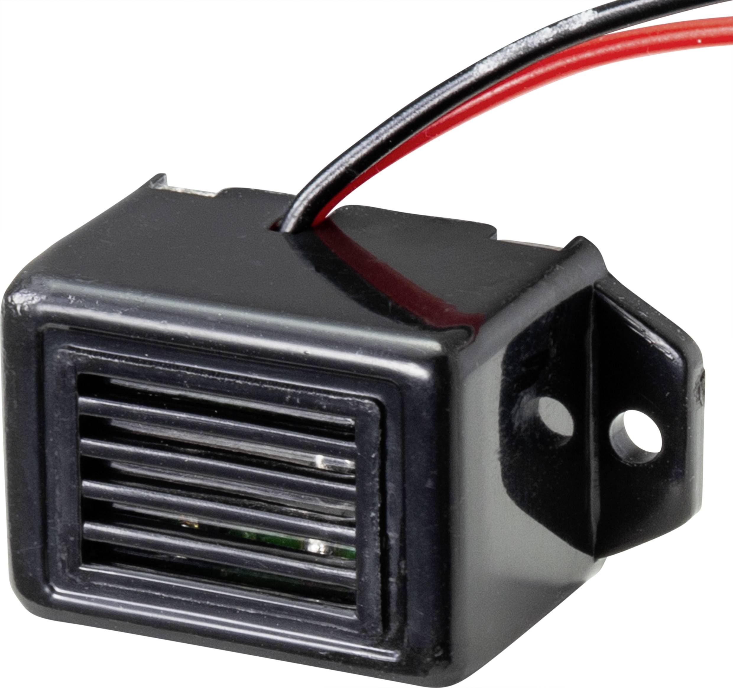 Ein kleiner schwarzer Lautsprecher mit zwei Kabeln in Rot und Schwarz; geeignet für elektronische Anwendungen oder Geräte.