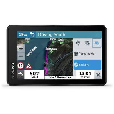 Ein GPS-Navigationsgerät zeigt eine Karte mit Route nach Süden, Geschwindigkeitsbegrenzung von 50 km/h und voraussichtlicher Ankunft um 13:04 Uhr.