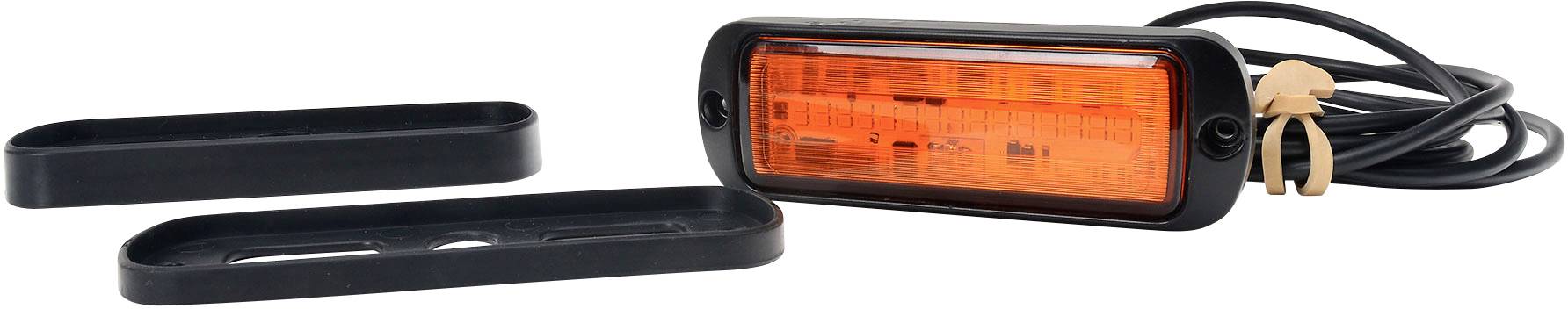 Ein rechteckiges, oranges Warnlicht mit schwarzen Kanten und herausnehmbaren Gummidichtungen, daneben ein schwarzes Kabel.