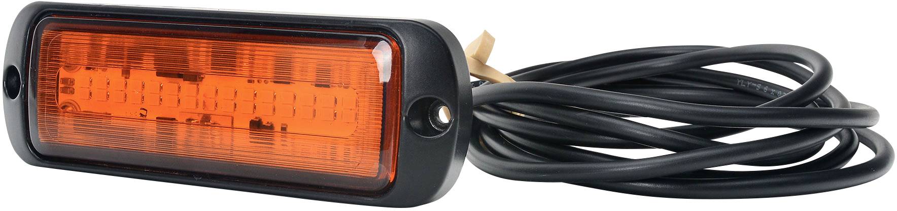 Ein rechteckiges orangefarbenes LED-Licht mit schwarzem Gehäuse und langem Kabel, geeignet zur Verwendung als Fahrzeugblinker.