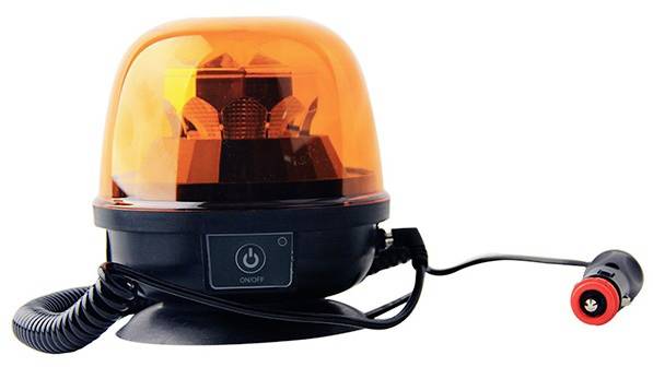 Tragbares orangefarbenes Warnlicht mit Spiralkabel und Zigarettenanzünderstecker, geeignet für den Einsatz auf Fahrzeugen.