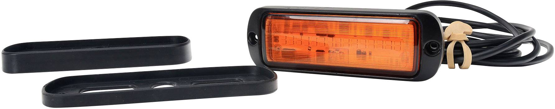 Orangefarbene rechteckige LED-Leuchte mit schwarzem Rahmen und Kabel, daneben zwei schwarze, ovale Abdeckungen.