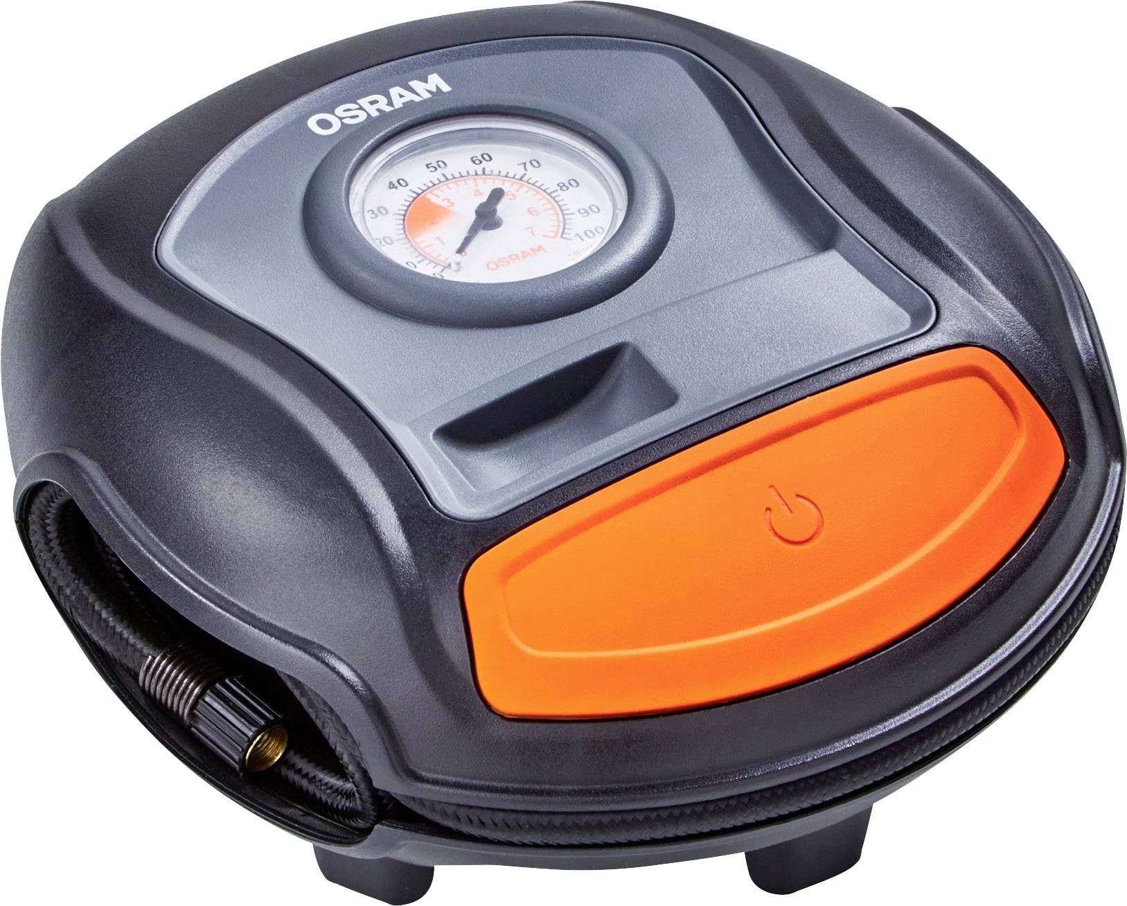 Ein kompakter, tragbarer Kompressor mit Manometer, geeignet zum Aufpumpen von Autoreifen. Hauptfarbe ist Schwarz mit einem orangenen Knopf.