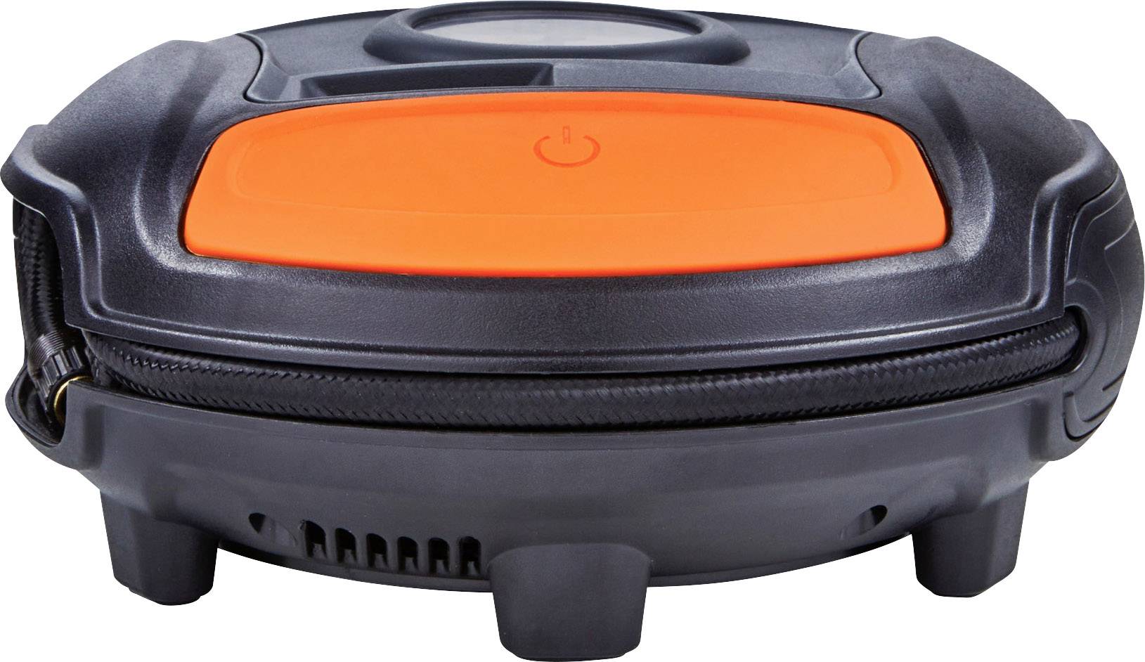 Roboter-Rasenmäher von vorne, schwarz mit orangefarbener Abdeckung und An/Aus-Schalter oben.