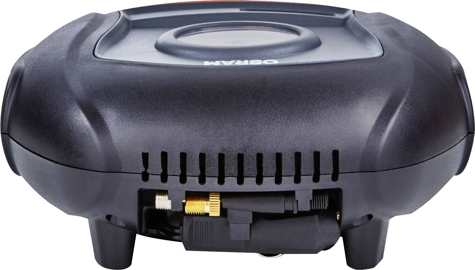 Schwarze elektrische Luftpumpe mit Anschlussventil und integriertem Griff, kompakte Bauweise für einfache Handhabung und Transport.