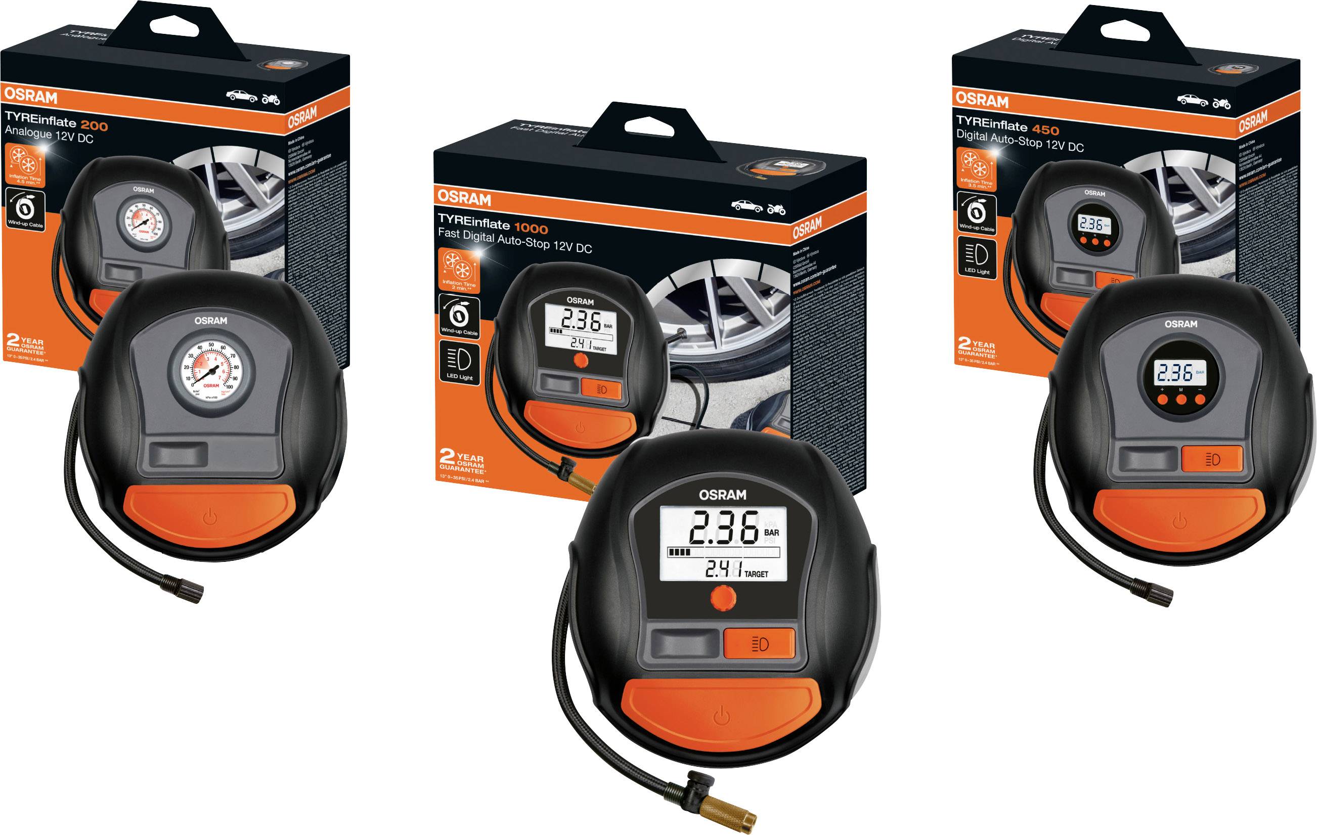 Verpackungen von Osram-Luftpumpen, zeigen analoge und digitale Modelle zur Reifendrucküberprüfung. Im Hintergrund jeweils ein Bild eines Autoreifens.